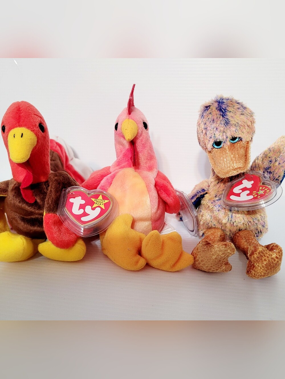 TY Beanie Babies Lot of 3 Turkey Pink Flamingo Glow Duck Plush with Tags